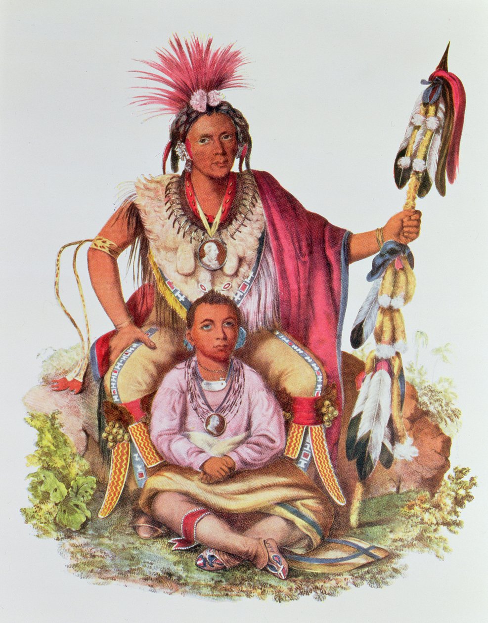 トークL.による「北アメリカのインディアン部族、第2巻」のイラスト、1837年頃、ソークスとキツネの首長であるキーオククまたは「警戒のキツネ」と彼の息子、ムセウォントまたは「長髪のキツネ」マッケニーとジャム 作： チャールズバードキング
