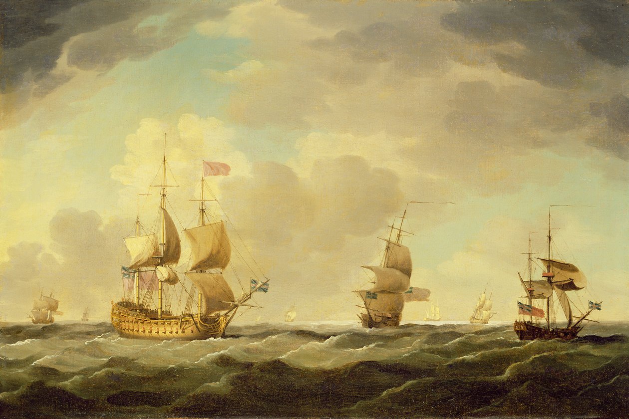適度なそよ風で帆を張るイギリスの旗艦、1750年頃 作： チャールズブルッキング