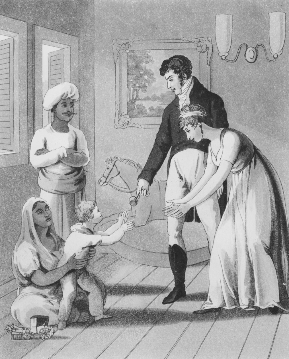 1813年の「インドのヨーロッパ人」のアヤまたは看護師が参加したヨーロッパの女性とその家族、プレート13（アクアチント） 作： シャルル・ド・オイリー
