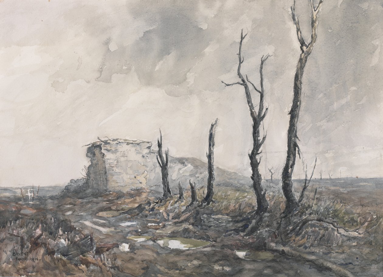 ヒブラルター、長所、Pozieres、1918年（紙と木炭） 作： チャールズデビッドジョーンズブライアント