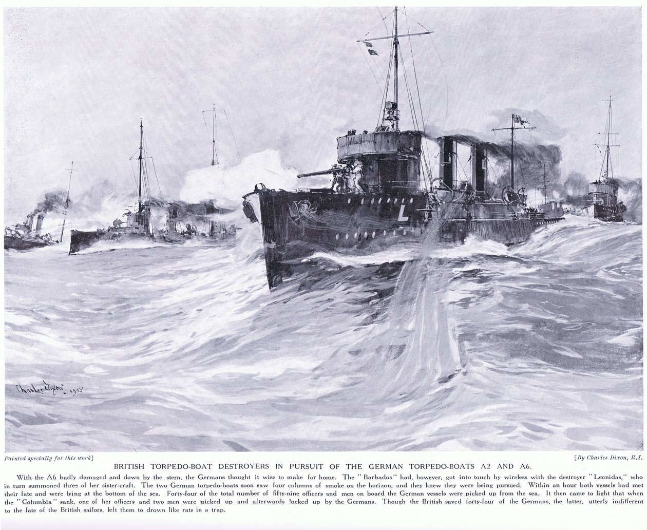 1914年11月、ドイツの魚雷艇A2およびA6を追跡するイギリスの魚雷艇駆逐艦 作： チャールズ・エドワード・ディクソン