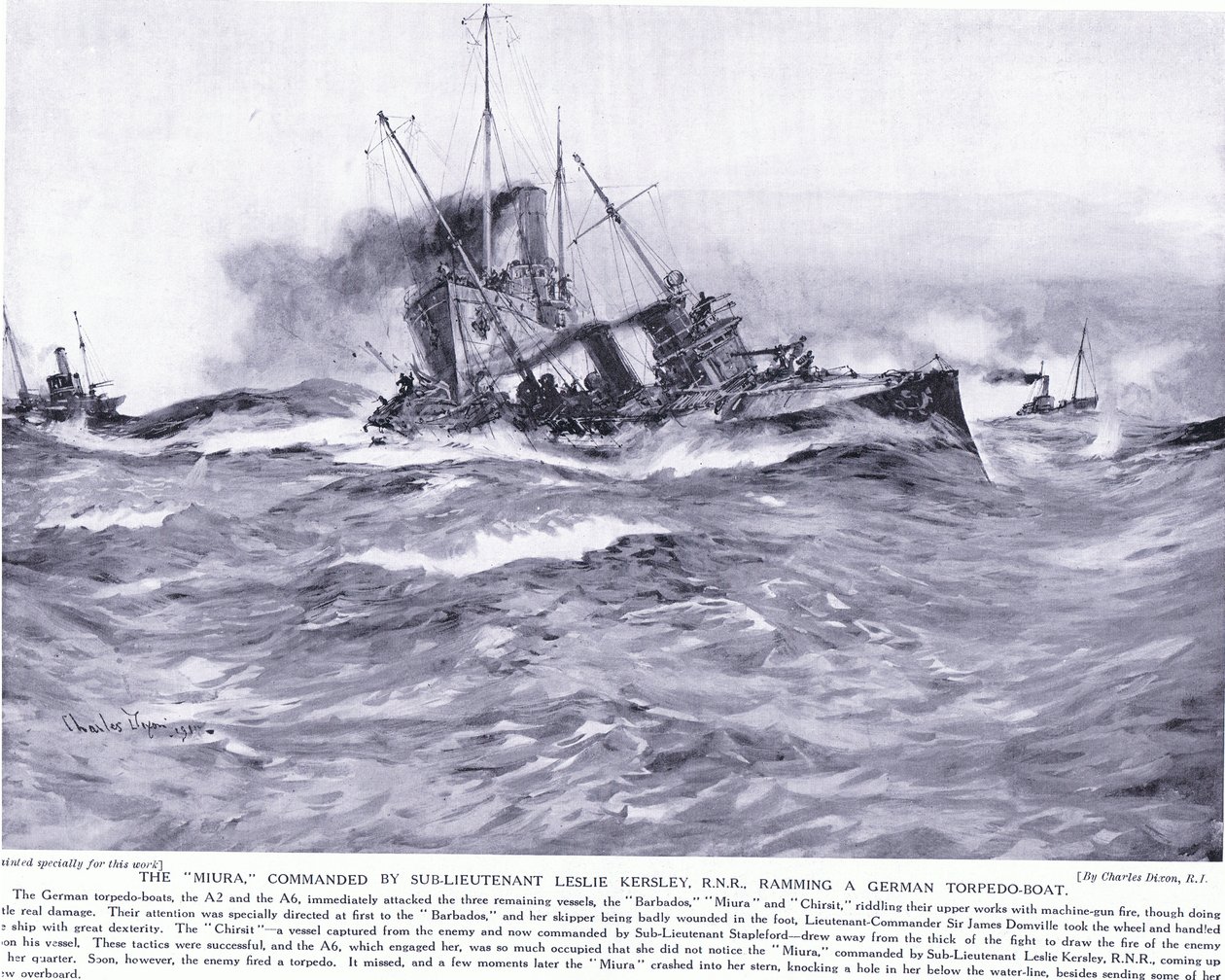 1914年10月、ドイツ海軍の魚雷艇に衝突するレスリーケルシー副中尉が指揮した三浦 作： チャールズ・エドワード・ディクソン
