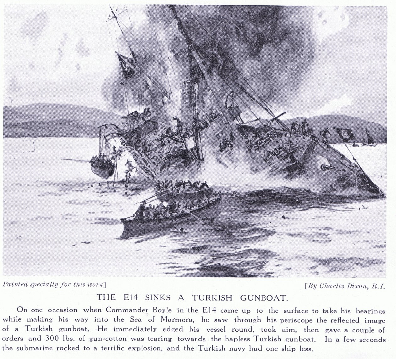 E14はマルモラ海1915年にトルコの砲艦を沈めます 作： チャールズ・エドワード・ディクソン
