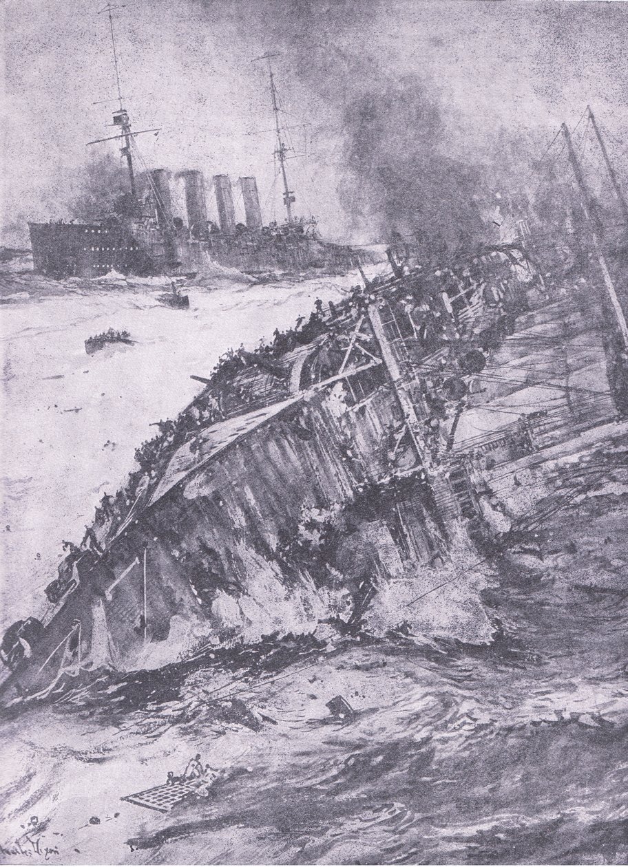 北海の災害：アブキールの沈没、大戦争の歴史第3巻からWaverley Book Co Limited、1920年頃 作： チャールズ・エドワード・ディクソン