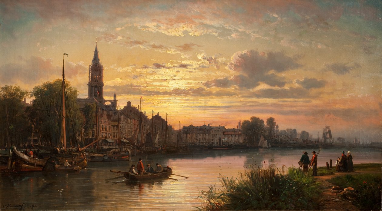 オランダの夕日のシーン、1873 作： チャールズ・ユーフラシア・クワセグ