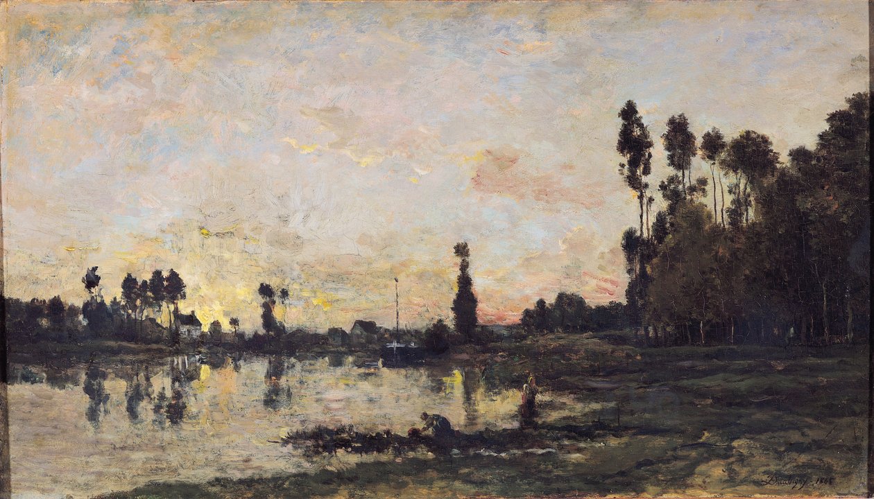 オワーズに沈む夕日、1865年 作： チャールズ・フランソワ・ドービニー