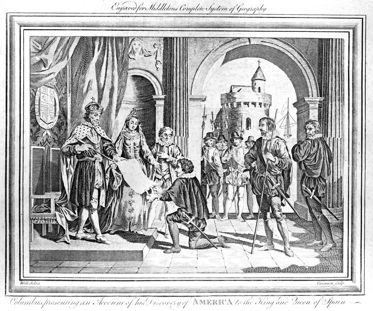 クリストファーコロンブス（1451〜1506年）がスペインの王と女王にアメリカの発見を記した 作： チャールズグリニオン