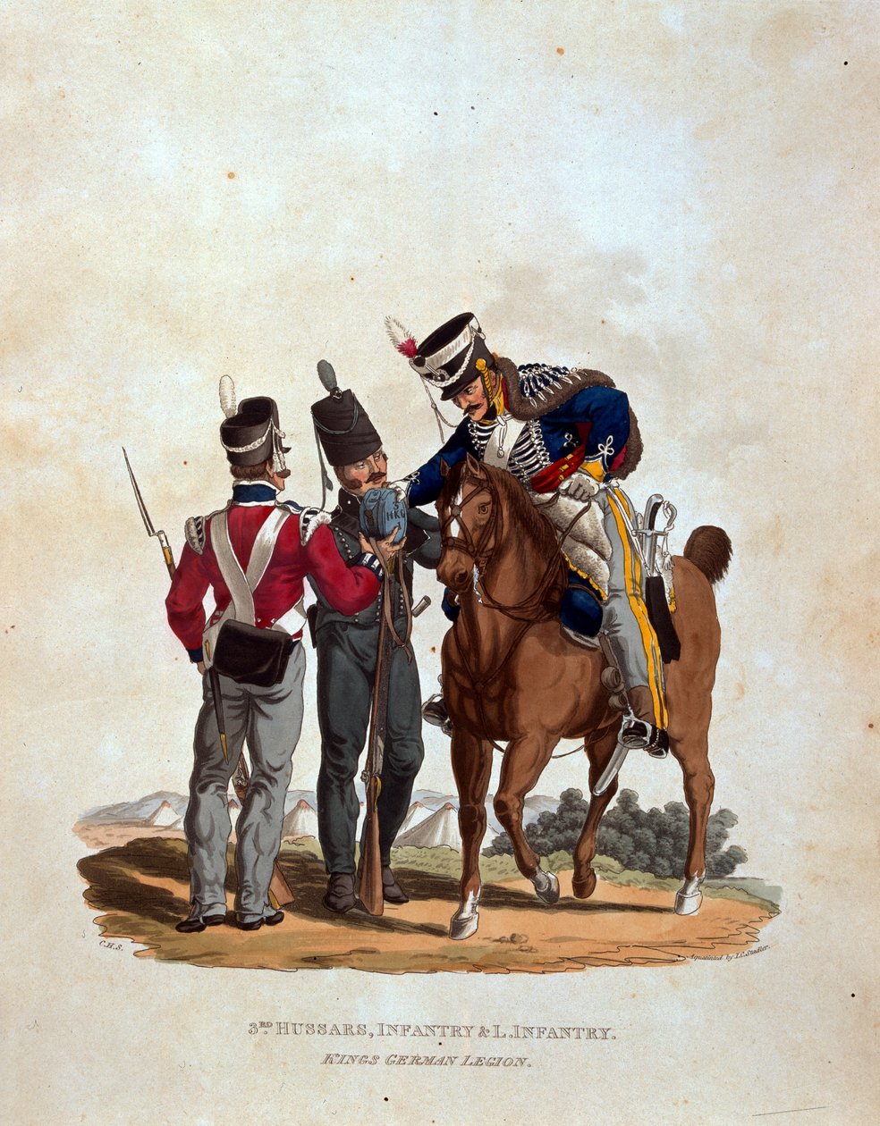 コルナグが発行したJCスタドラーが刻んだ「1812年の最後の規則によると大英帝国軍の衣装」からの第3騎兵、歩兵と軽歩兵、キングのドイツ軍 作： チャールズハミルトンスミス