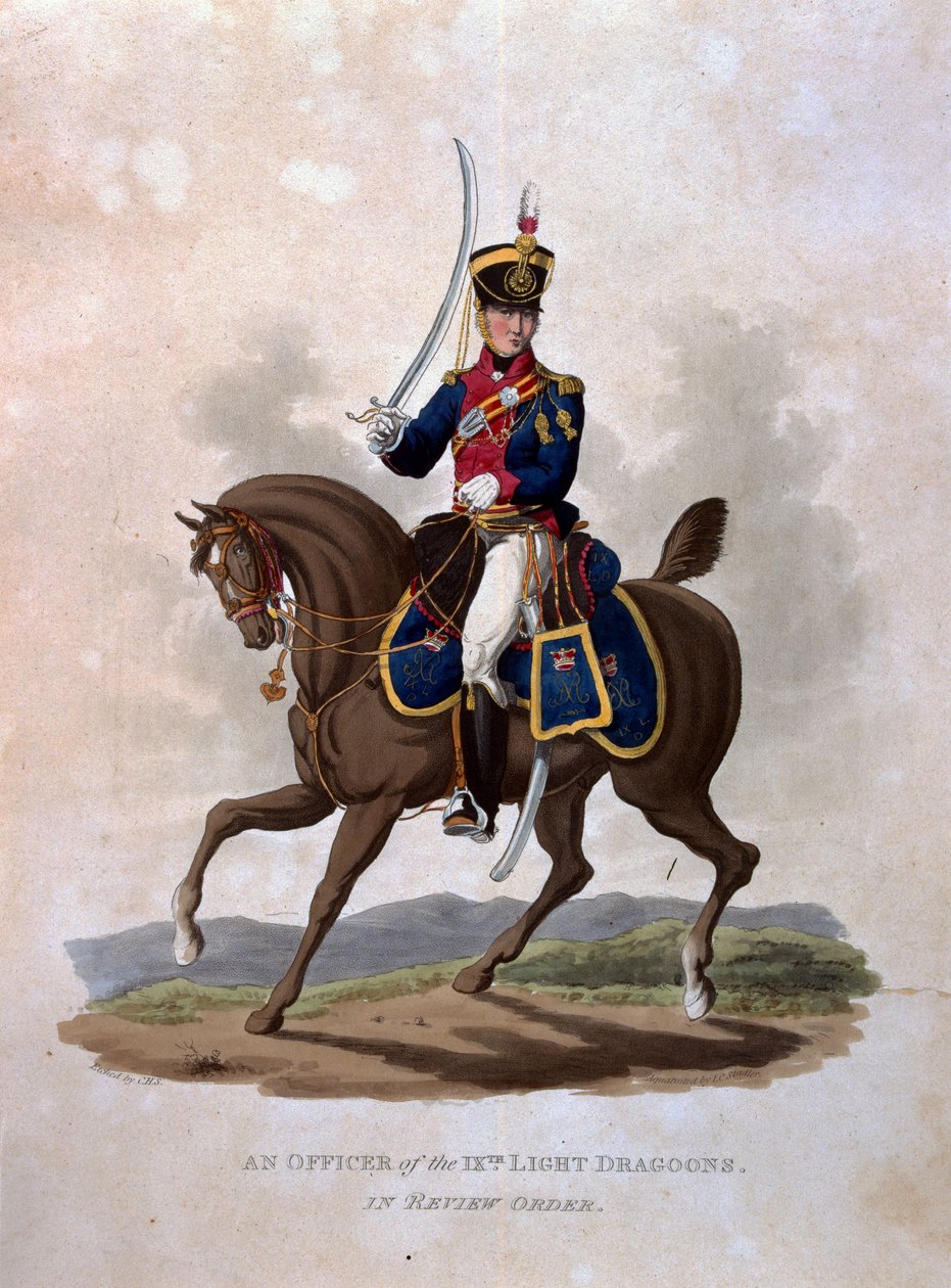 Colnaghi und Co.によって発行されたJCスタドラーによって刻まれた「大英帝国軍のコスチューム、最後の規則1812による」から9番目の軽竜騎兵のレビュー順の役員1 作： チャールズハミルトンスミス
