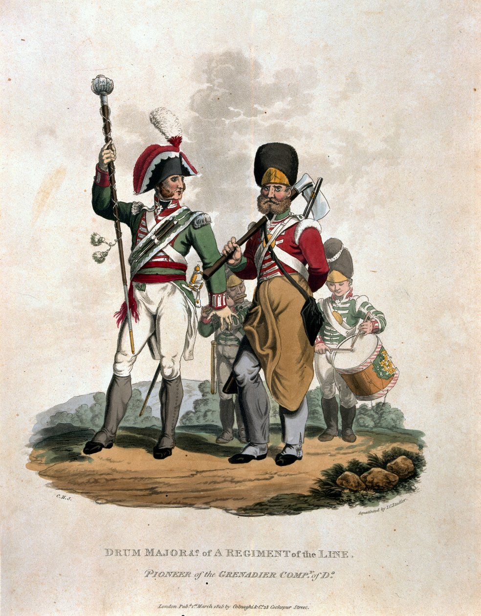 JC Staによって刻まれた「最後の規則1812によると大英帝国の陸軍の衣装」からの、Dのグレナディアカンパニーのパイオニアとのラインの連隊のドラムメジャーとCo 作： チャールズハミルトンスミス