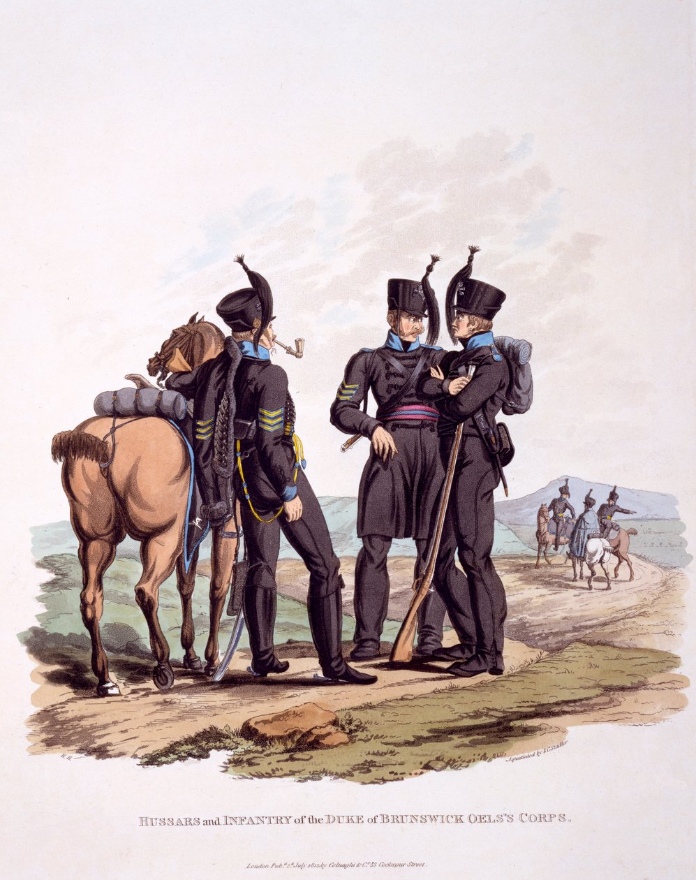 Hussars und Infantry and Duke of Brunswick&39;s Oel&39;s Corpsの「最後の規則によると大英帝国の衣装」からの制服、1812年発行（手描きのアクアチント） 作： チャールズハミルトンスミス