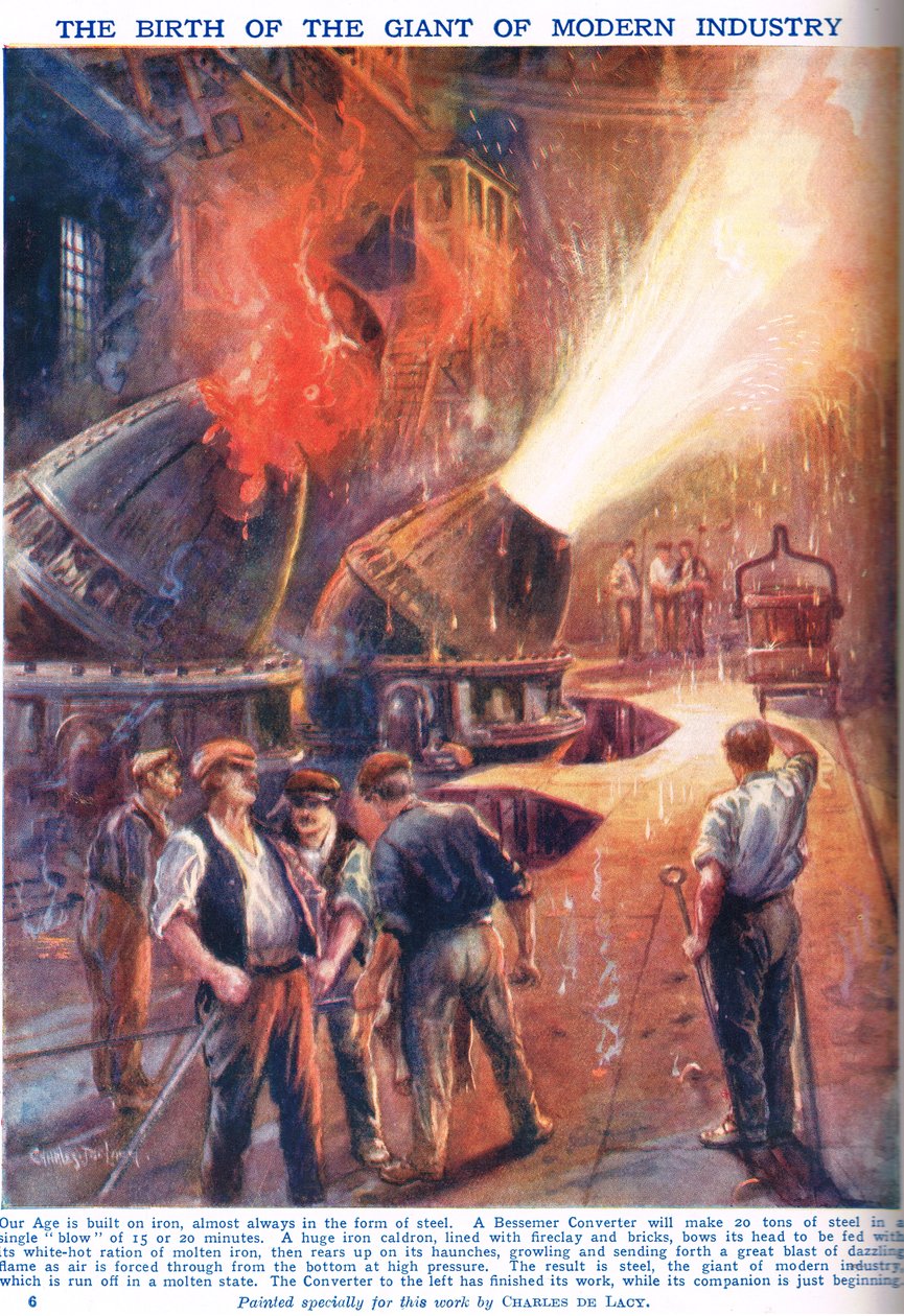 近代産業の巨人の誕生、「ニューネスピクトリアルブックオブナレッジ」、1920年頃のイラスト 作： チャールズ・ジョン・ド・レイシー
