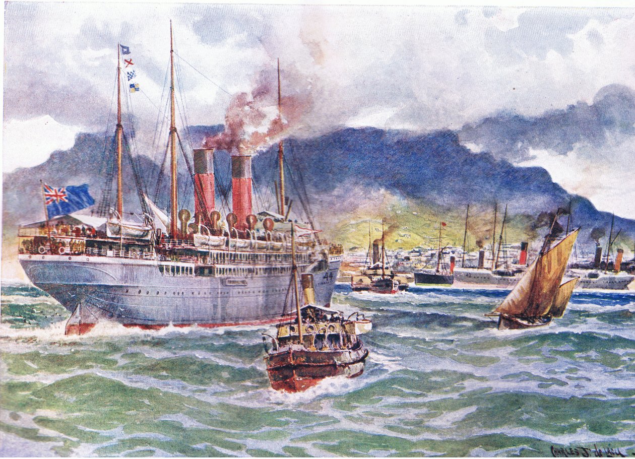 南アフリカ戦争中のテーブルベイの輸送、1900年代のイギリスのカッセル歴史からの図解 作： チャールズ・ジョン・ド・レイシー