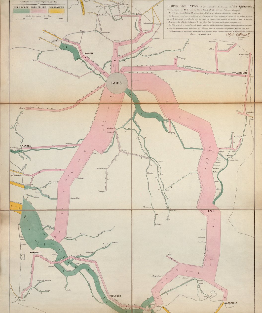 1860年に水と鉄道によって1857年にフランスで流通しているワインと蒸留酒のおおよそのトン数を表す地図、1860年 作： チャールズ・ジョセフ・ミナード