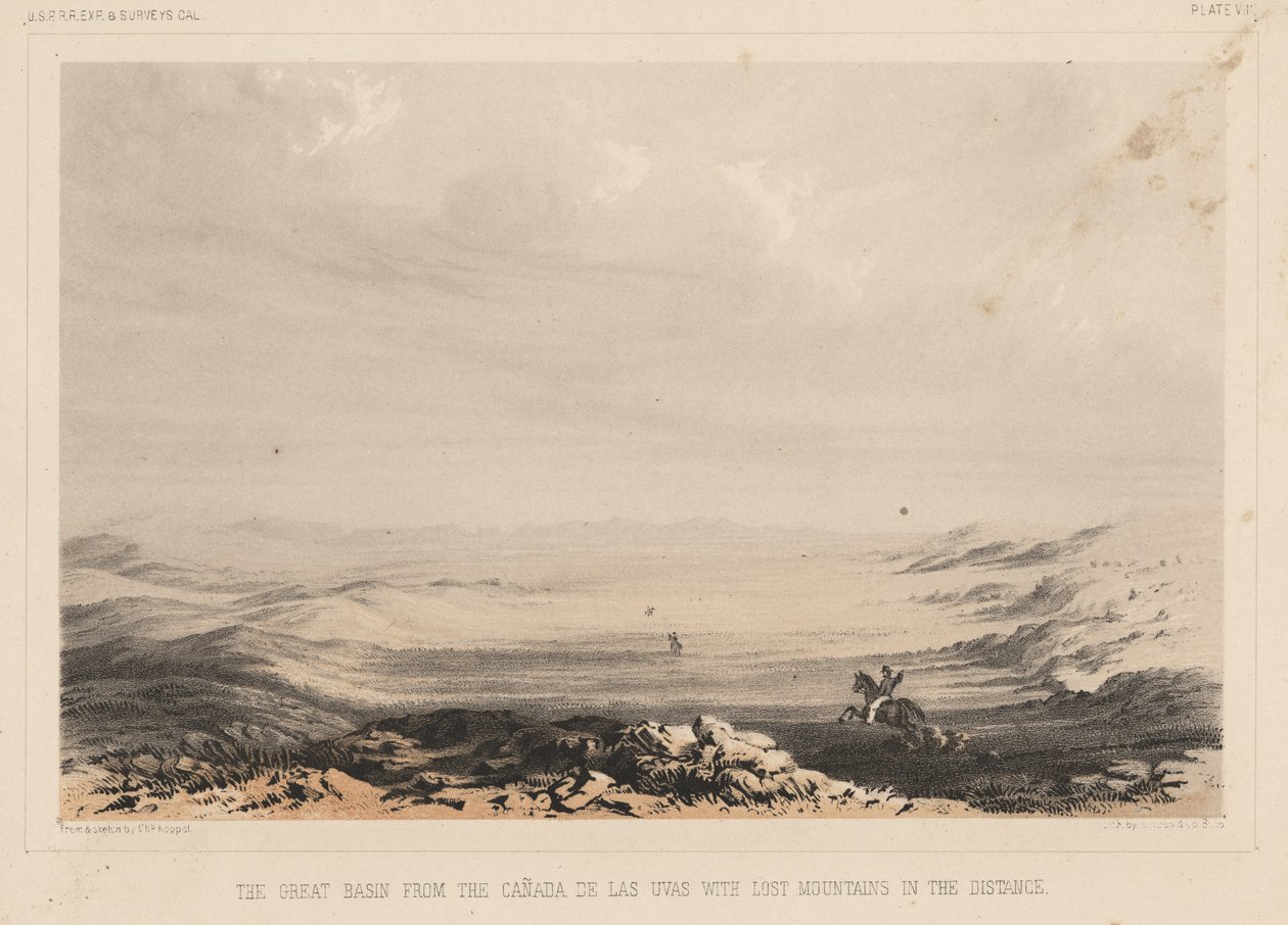 カナダデラスウバスのグレートベイスン、遠くに失われた山々、リソA. Hoen und Co.、1855年（クロモリト） 作： チャールズコッペル