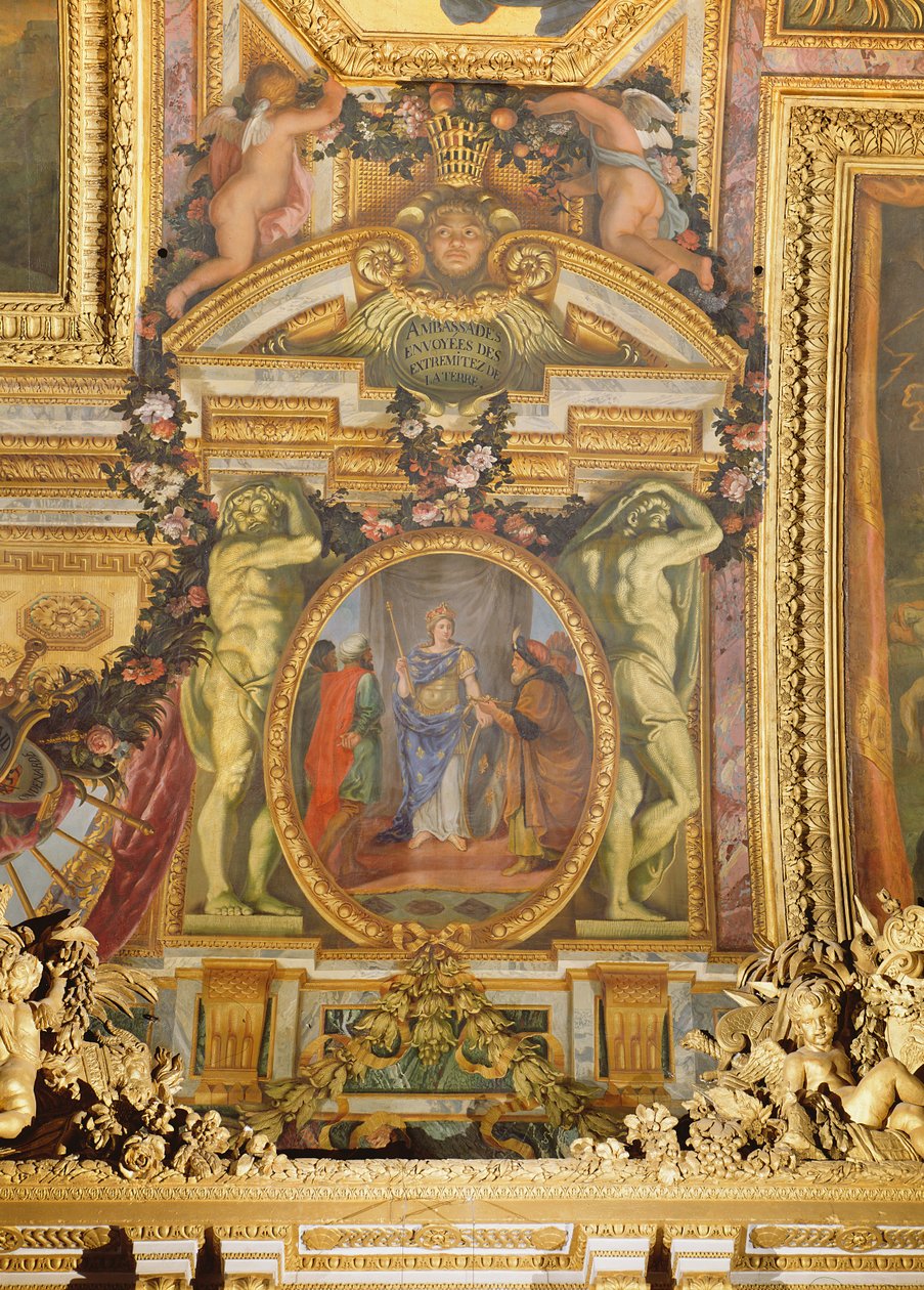 地球の隅々から到着する大使、Galerie des Glacesの天井画 作： チャールズ・ル・ブラン