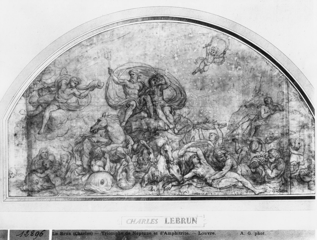 ネプチューンとアンフィトリテまたは水の再目覚め、1663年頃（ペンと茶色のインクとピエールノワールと赤いチョークとベージュの紙にグレーのウォッシュ） 作： チャールズ・ル・ブラン