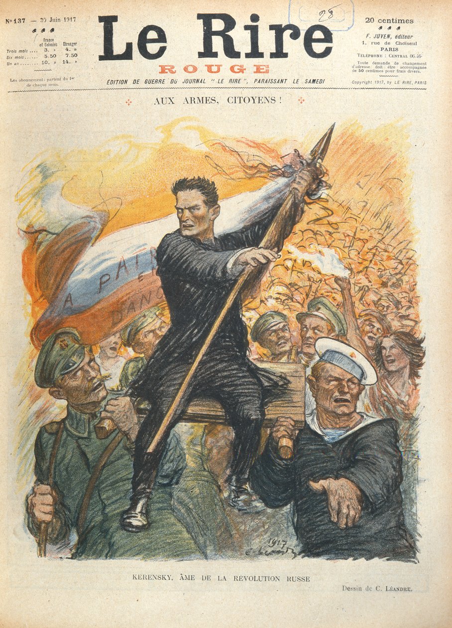 1917年6月30日、フランスの雑誌「ルリール」の表紙、アレクサンドルケレンスキーの風刺画（1881〜1970年） 作： チャールズ・ランドレ