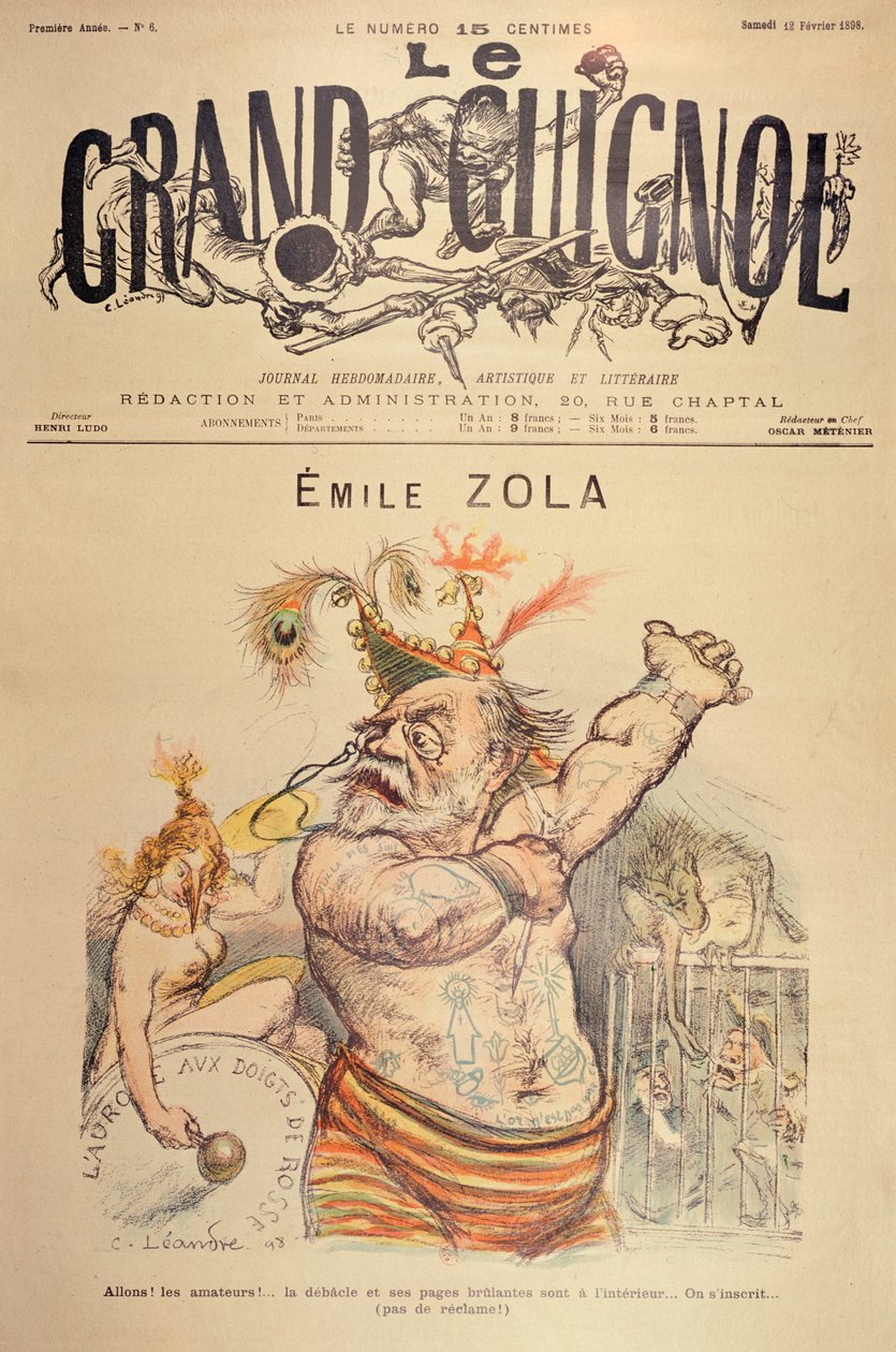エミールゾラの似顔絵（1840〜1902）、「ルグランギニョール」の表紙のイラスト、1898年 作： チャールズ・ランドレ