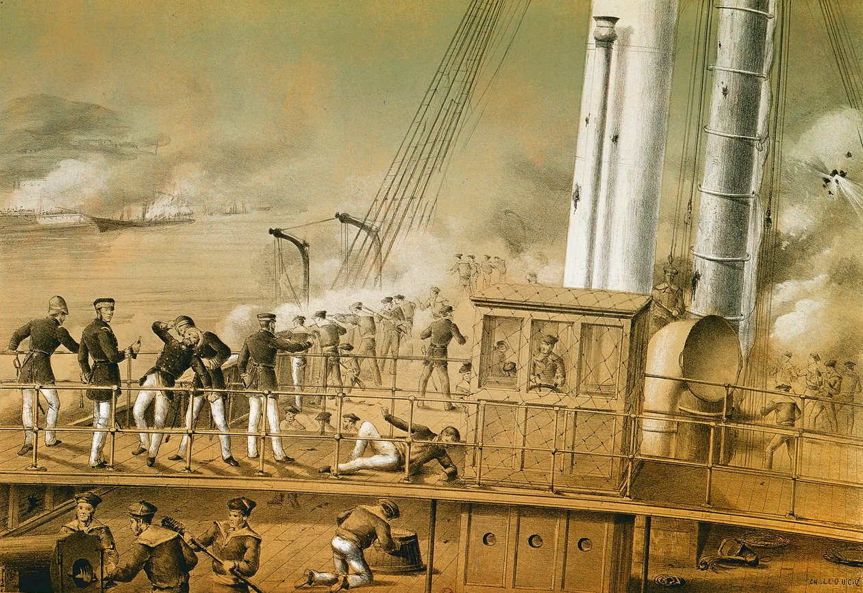 1884年8月23日、 &39;Volta&39;に乗っていたアメデアナトールクールベ提督（1827-85）とその役員 作： チャールズ・ルダック