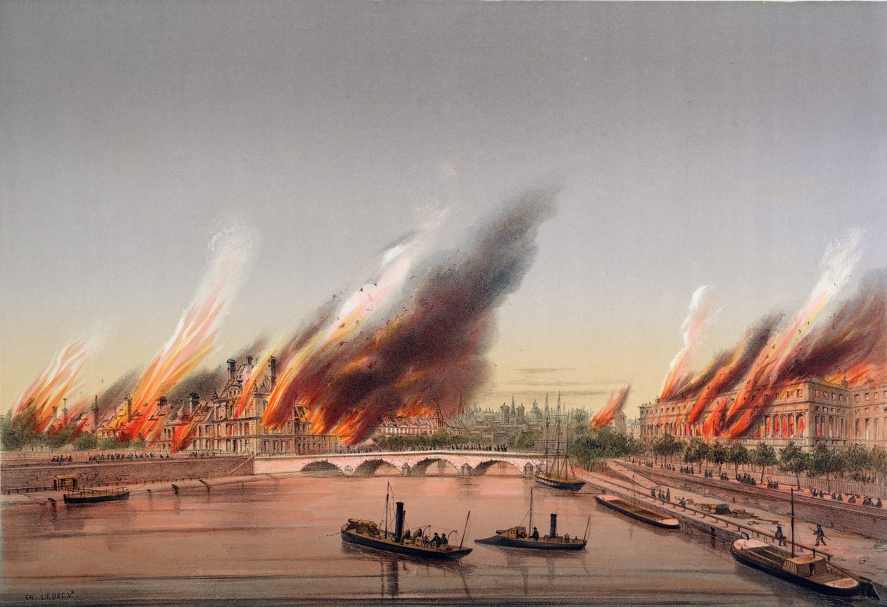 1871年5月24日のチュイルリーとコンシールデタットの燃焼中にセーヌ川に係留された砲艦「ラファーシー」 作： チャールズ・ルダック