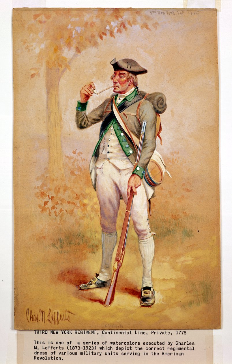 1775年の第3ニューヨーク連隊の大陸線の私服、1920年頃 作： チャールズ・マッキュビン・レファーツ