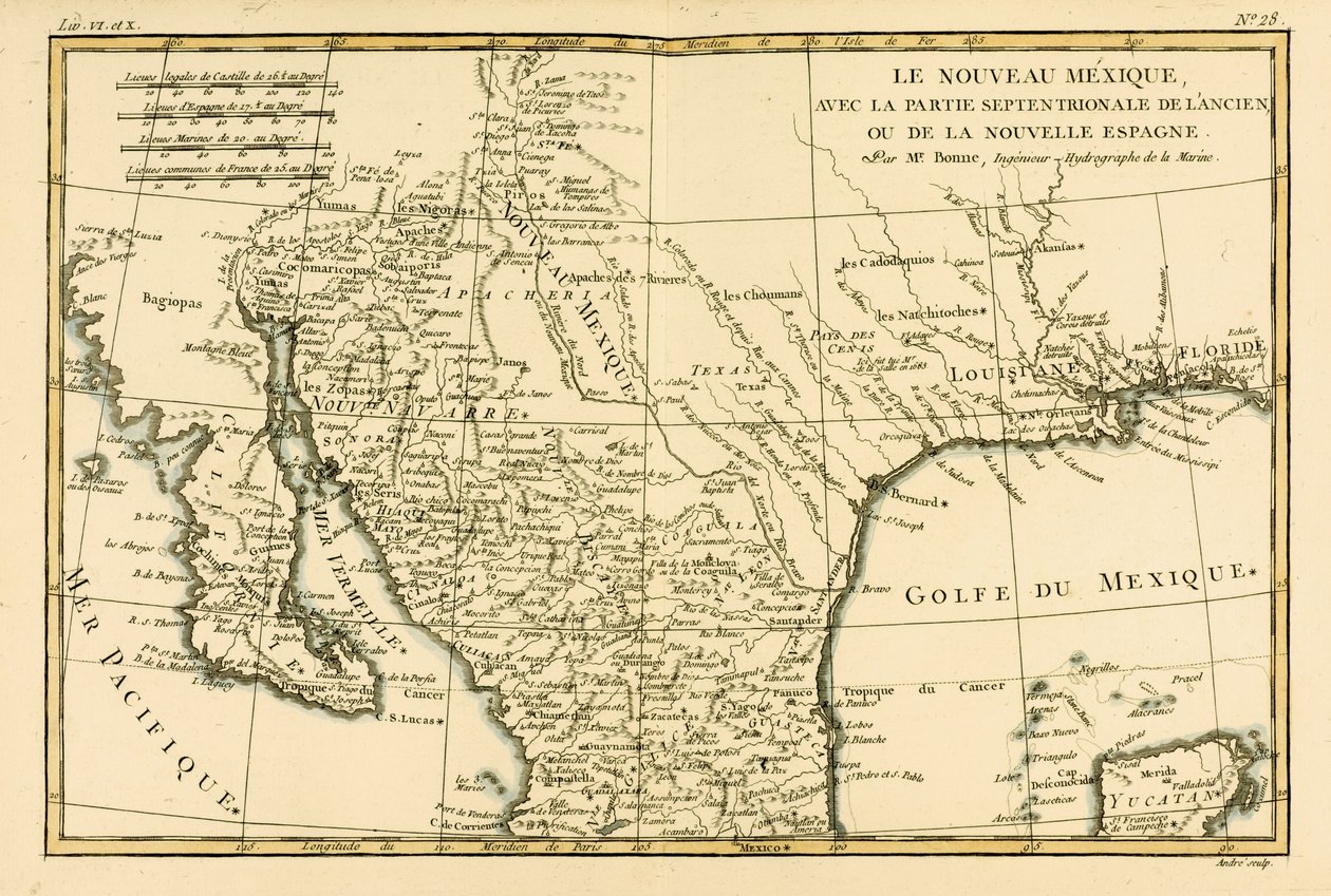 メキシコ北部、ギヨーム・レイナル著「地球のすべての既知の部分の地図」（1713-96）から1780年にジュネーブで出版 作： チャールズ・マリー・リゴバート・ボン