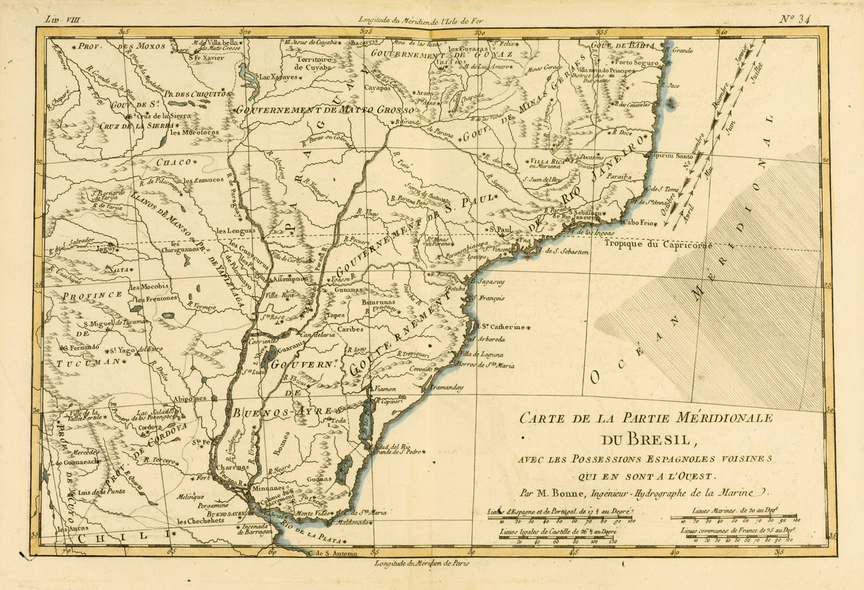 ギローム・レイナル著「地球のすべての既知の部分の地図」（1713-96）からブラジル南部に発行されたJLペレット、ジュネーブ、1780 作： チャールズ・マリー・リゴバート・ボン