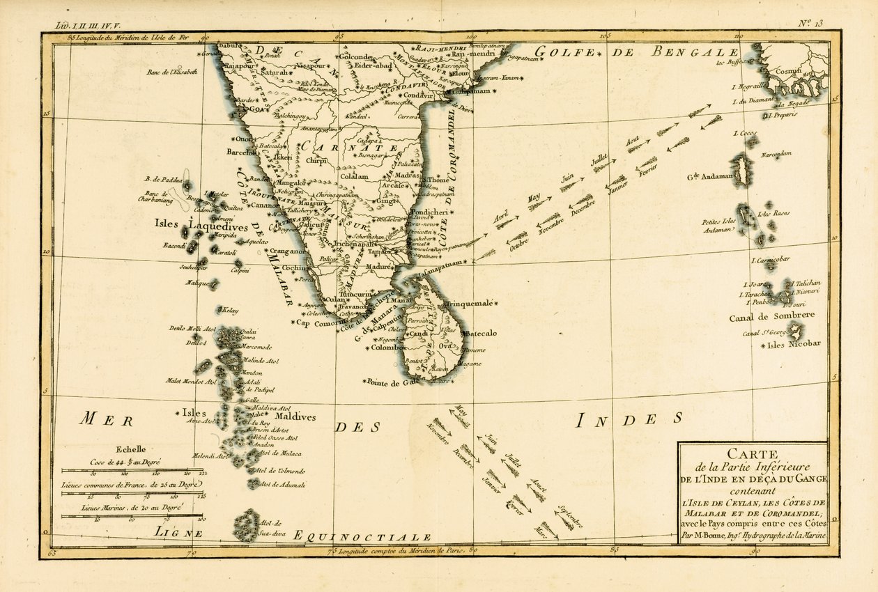 南インドとセイロン、ギヨーム・レイナル（1713-96）による「地球のすべての既知の部分の地図」から、JLペレット、ジュネーブ、1780 作： チャールズ・マリー・リゴバート・ボン