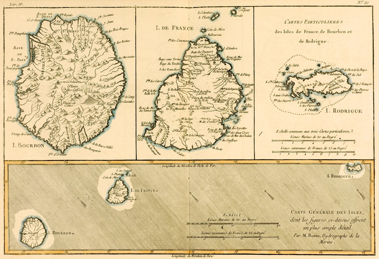 Guillaume Raynal（1713-96）による「地球のすべての既知の部分のアトラス」からのロドリゲス島、フランス島、ブルボンの島々、1780年に出版 作： チャールズ・マリー・リゴバート・ボン