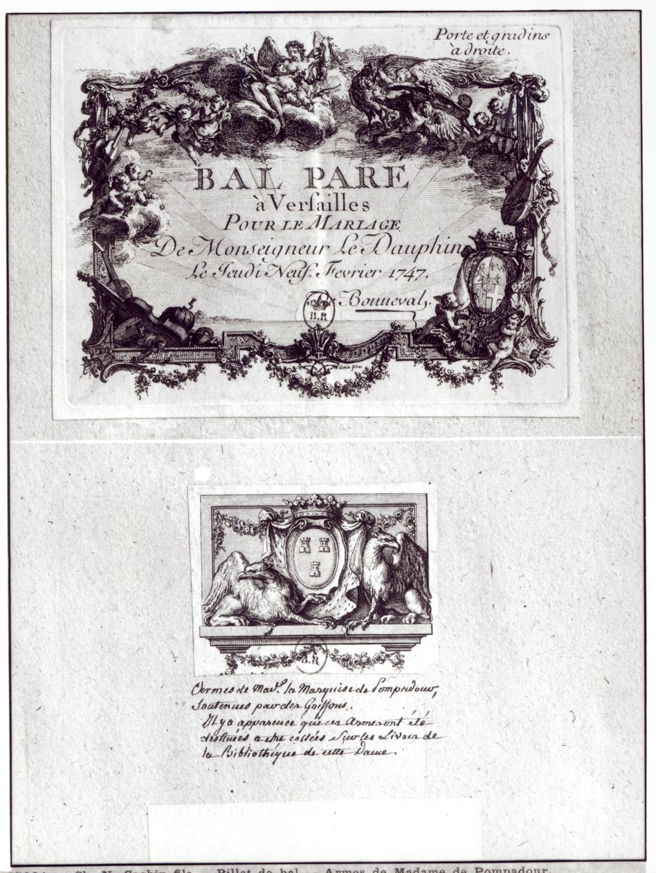 1747年2月9日、モンセニョールルドーフィンとポンリバドゥールの腕を持つEx Libris（1721-64）の結婚式のためのベルサイユのボールの入場券 作： チャールズニコラスIIコーチン