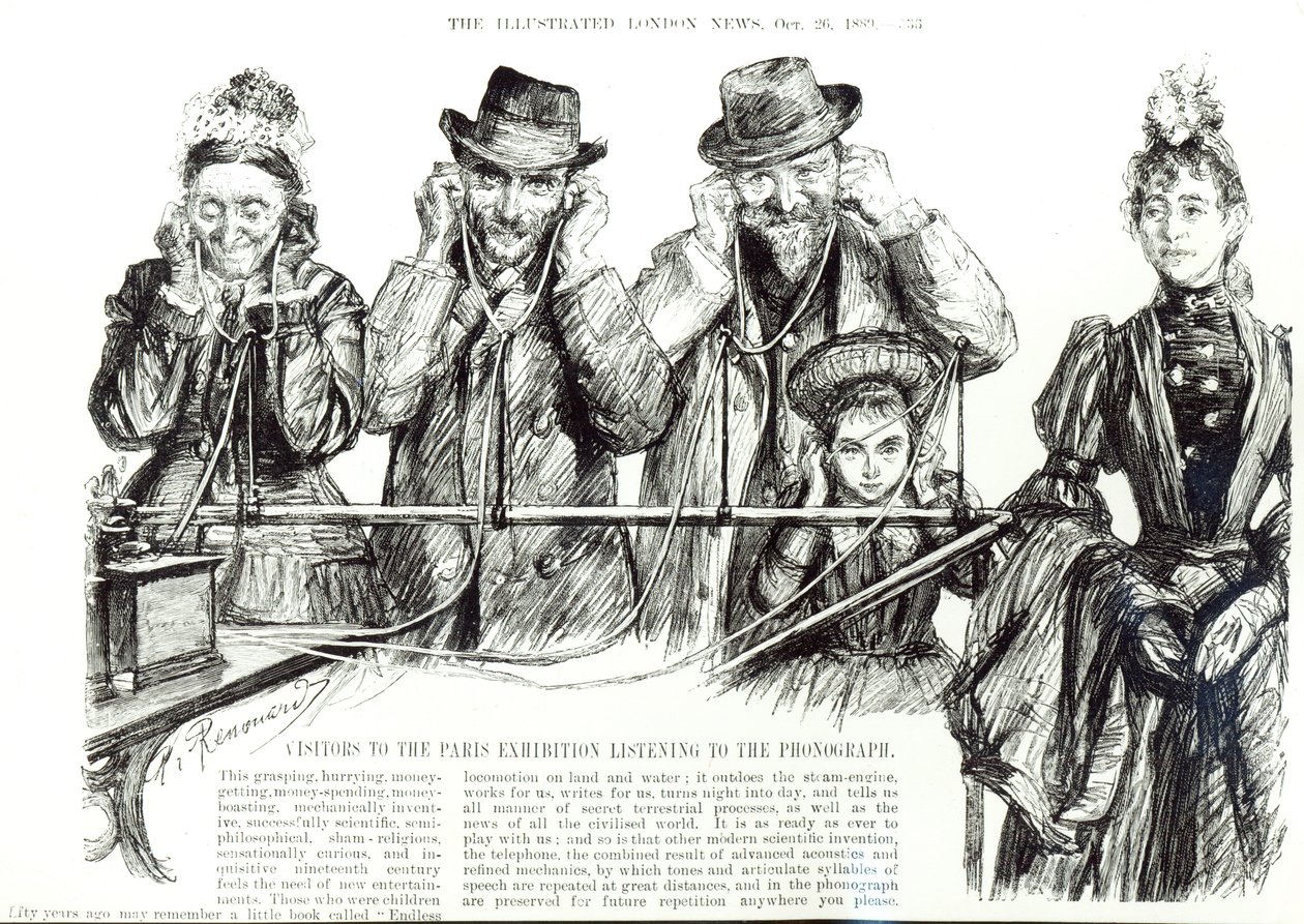 1889年10月26日の「The Illustrated London News」から、蓄音機を聞くパリの展示会の訪問者（bw写真） 作： チャールズポールルノアール