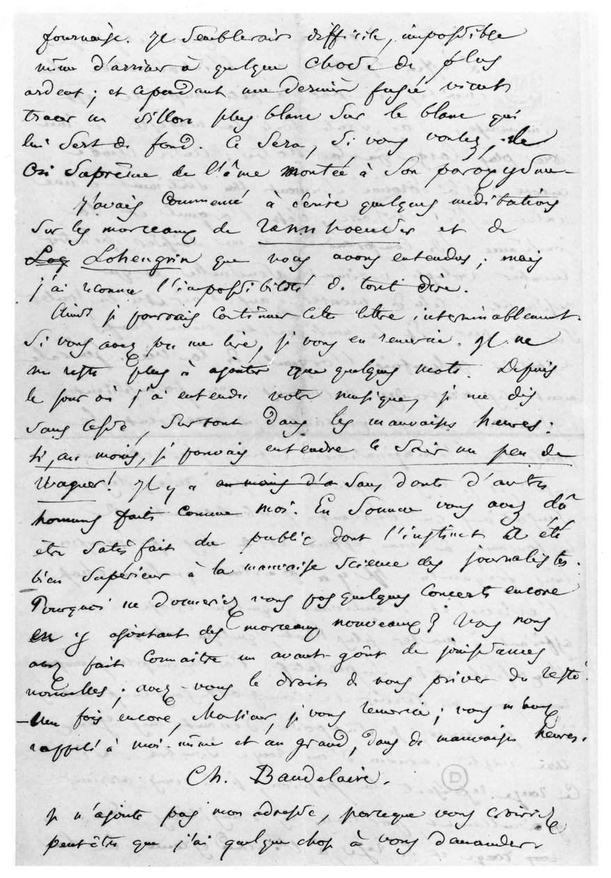 リチャードワーグナーへの手紙（1813-83）1860年2月17日（紙にペンとインク） 作： シャルル・ピエール・ボードレール
