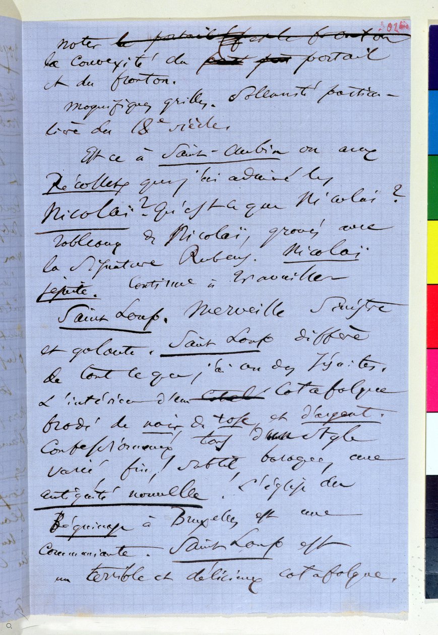 1864年のナミュールへの旅を記したボードレールのパンフレット「Pauvre Belgique」の302ページ（紙にインク） 作： シャルル・ピエール・ボードレール