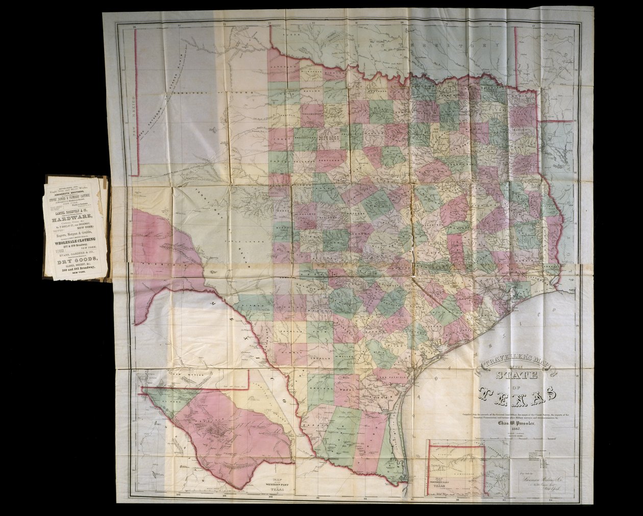 テキサスのPresslersマップ、1867年（リトグラフ、本形式） 作： チャールズ・W・プレスラー