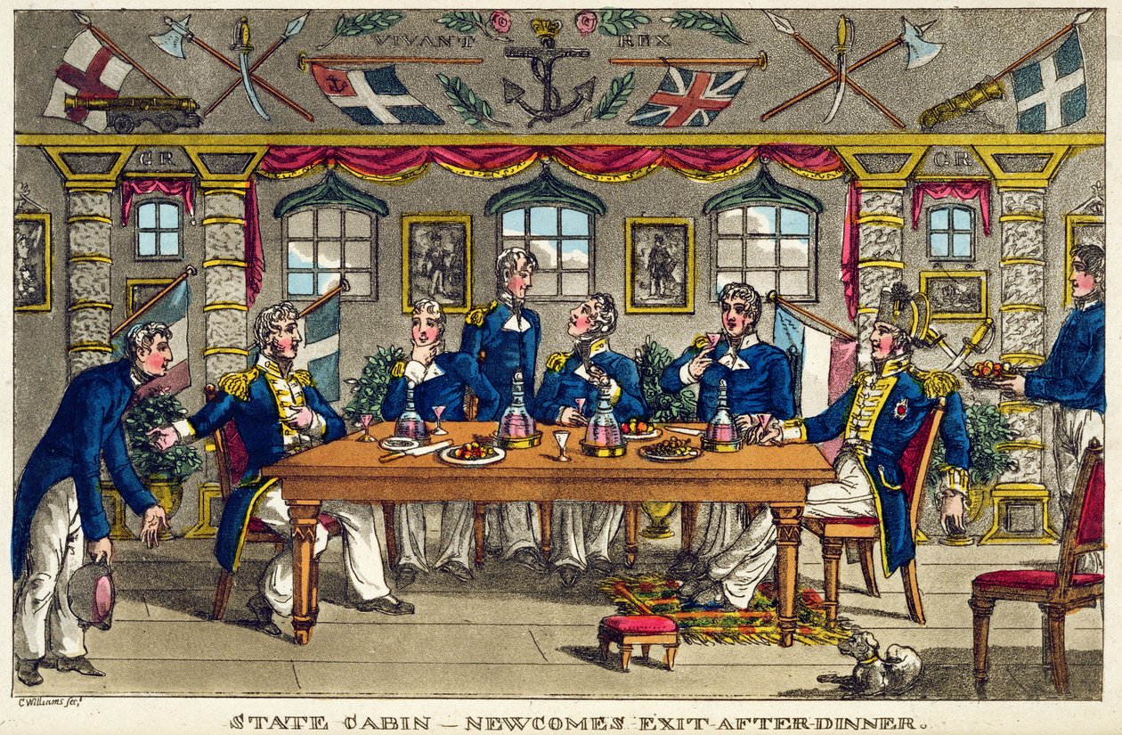 ステートキャビン、ディナー後のニューカムの出口、ジョンミットフォード（1782-1831）1818の「海軍のジョニーニューカムの冒険」のプレート 作： チャールズ・ウィリアムズ