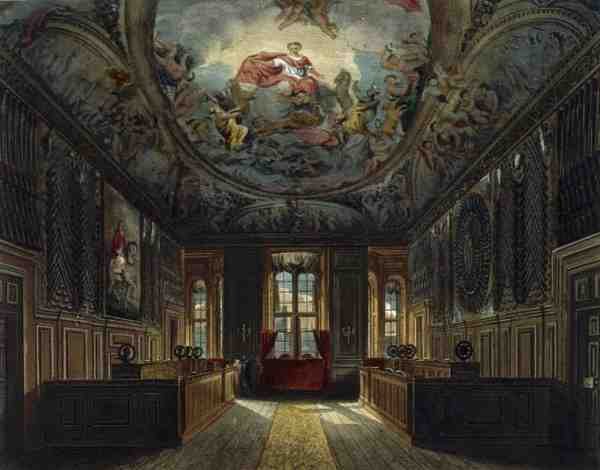 ウィンザー城の女王の衛兵室、Thomas Sutherland (b.1785)の彫刻、William Henry Pyne (1769-1843)の出版による「Royal Residences」より。 作： チャールズ（後）ワイルド