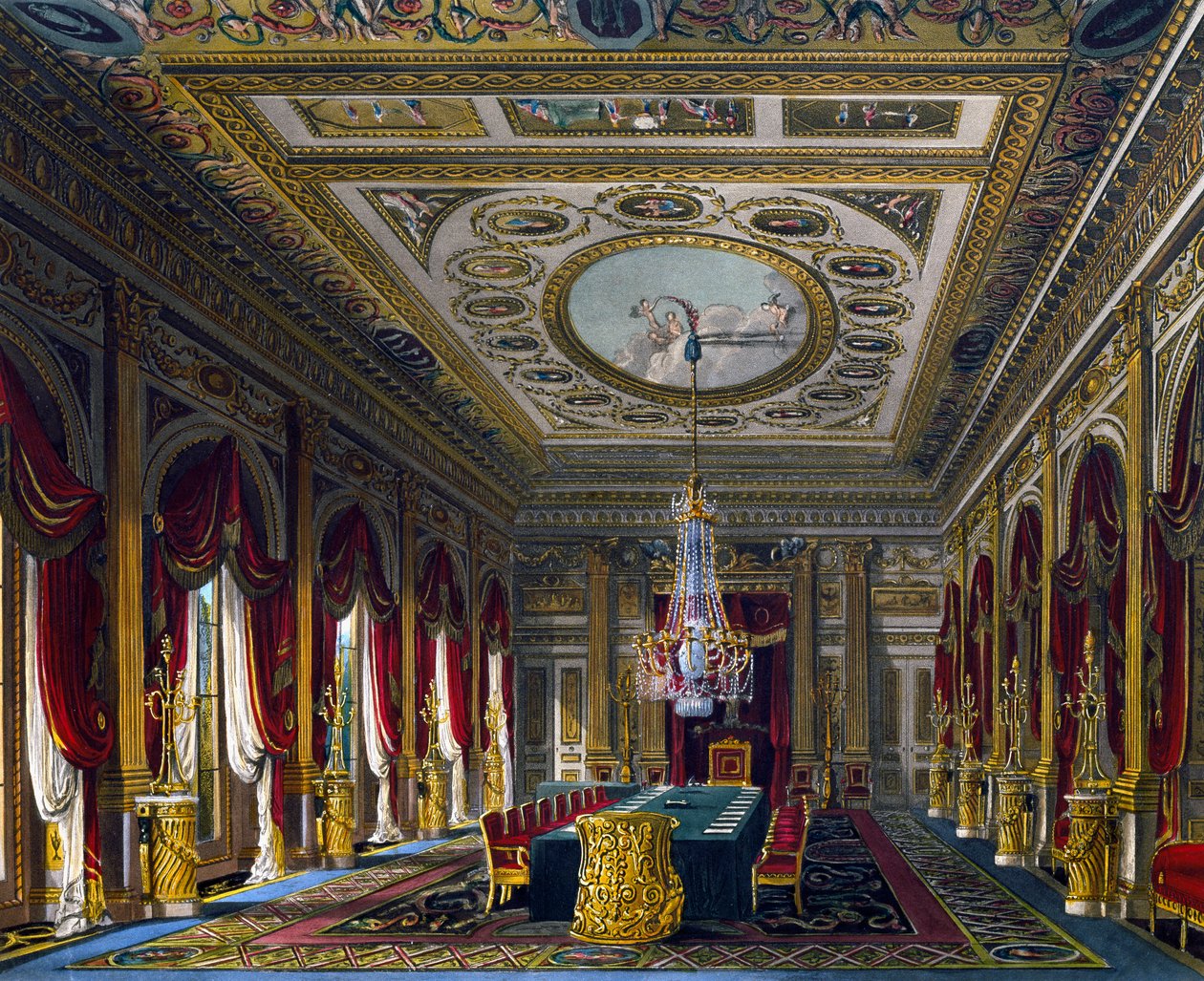 王座の間」 トーマス・サザーランド（1785-1838）のエングレーヴィング、チャールズ・ワイルド（1781-1835）のデザインに基づく、『王宮の歴史』より 作： チャールズ（後）ワイルド