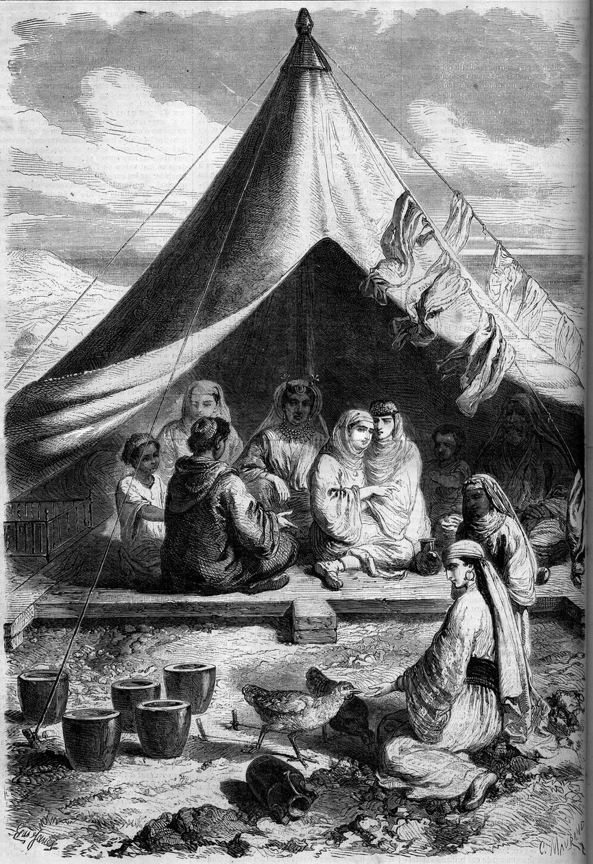 1860年、モロッコからジブラルタル海岸に避難してきたユダヤ人家族。Yriarte氏のスケッチによる。1860年1月28日付 "Le Monde Illustré "146号に掲載された版画。 作： チャールズ（後）イリアルテ