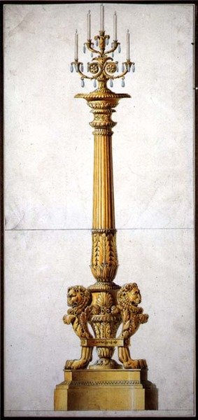 ネオクラシックな燭台のデザイン、1820年頃（紙に水彩、ペン＆インク） 作： Charles（attr。To）Percier