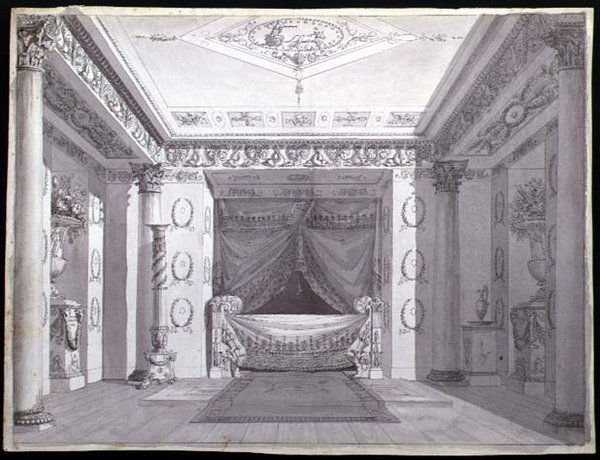 エンパイア・ベッドルームのデザイン」1810年頃（紙にペンとインク、水彩画） 作： Charles（attr。To）Percier