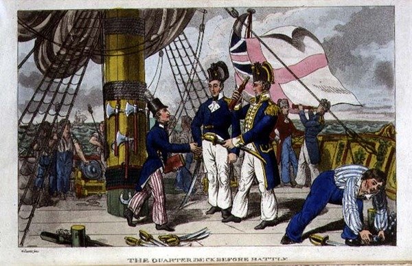 ジョン・ミットフォード（1782-1831）の「海軍におけるジョニー・ニューカムの冒険」から、戦闘前のクォーターデッキ（1818年）のプレート（リトグラフ）。 作： チャールズ（c.1797-1850）（後）ウィリアムズ