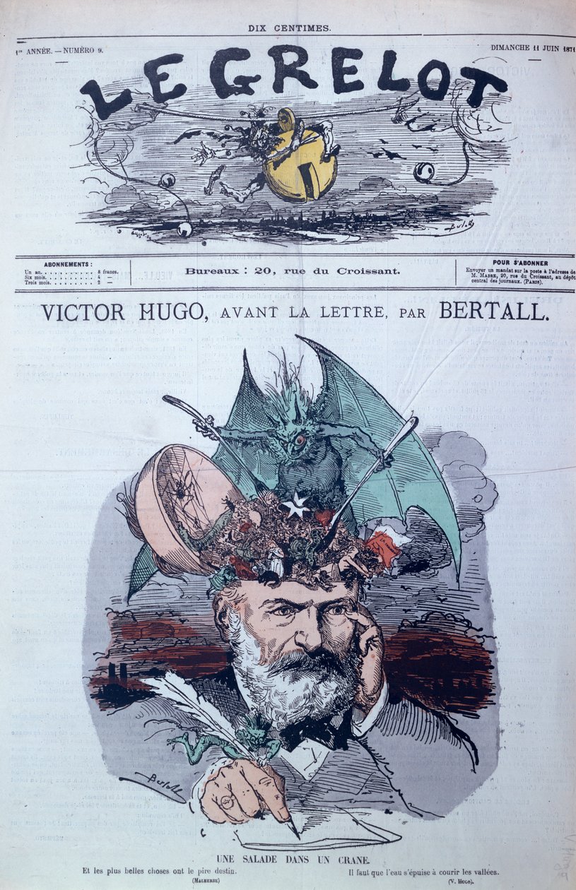 1871年6月の「Le Grelot」の表紙からのヴィクトルユーゴー（1802-85）の風刺画「ブレインサラダ」 作： シャルル・アルバート・ダルヌー・ベルトール