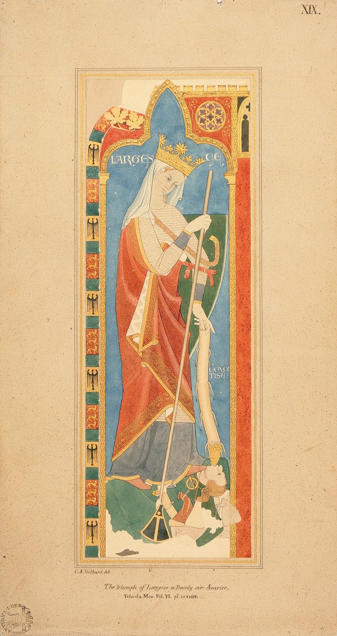 The Virtues Largesce and Debonerete (Largesce) 1819 (紙に浮き上がった金箔のディテールが施された水彩画) 作： チャールズ・アルフレッド・ストザード