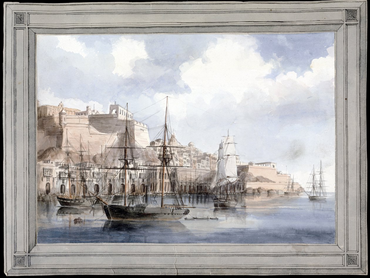 Vue de Malte (View at Malta) (サンタンジェロ要塞のあるヴァレッタの偉大な港) - チャールズ・アンドリュー・ダイス (1816-1853) 作、紙に水彩 (25.1 x 34.9 cm)、1849年頃 - イェール大学 (アメリカ) 作： チャールズアンドリューダイス