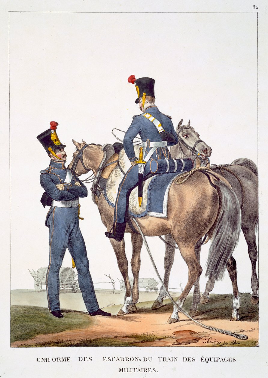 Marechal Duc de Belluneによる &39;Collection des Uniforms de&39; Armee Francais &39;からの、軍の乗組員列車の戦隊の制服。 C.モット、パリ、1823 作： チャールズ・オーブリー