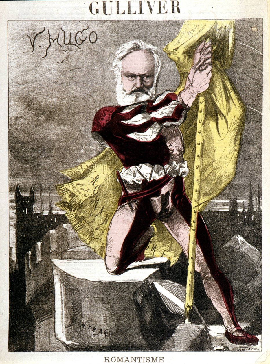 ジョルジュ・モンバール（1841-1905）によるヴィクトル・ユゴーの漫画。"ガリバー - ロマン主義" 作： チャールズ・オーギュスト・ロイ