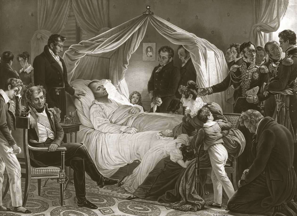 1821年5月5日、死の床に立つナポレオン 作： スチューベン後のチャールズオーギュスト