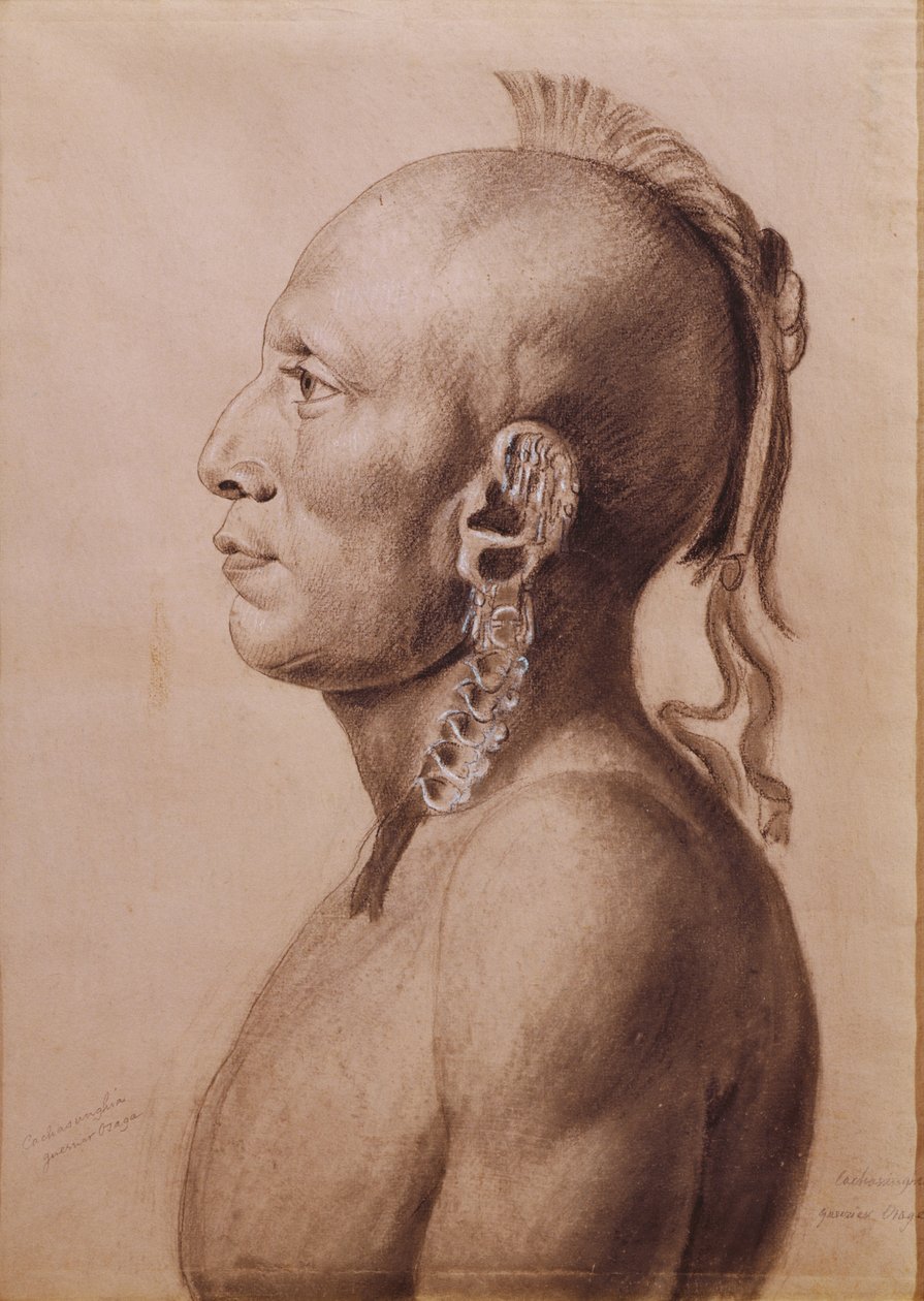 オーセージ戦士、カシャスンギア、1806年（紙に鉛筆と木炭） 作： チャールズ・バルタザール・ジュリアン・フェブレ・ド・サン・メミン