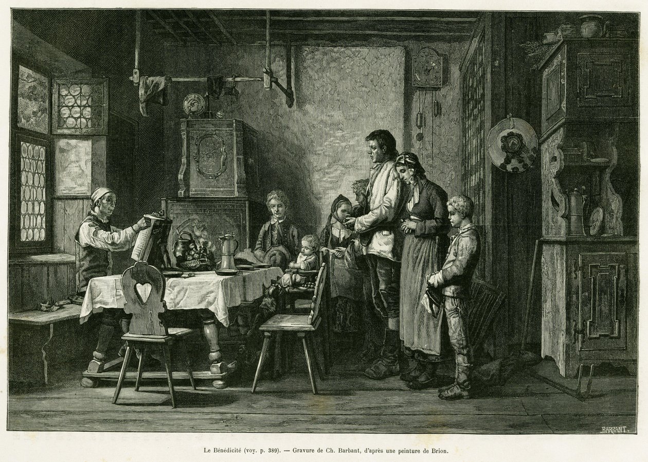 ベネディクトのこと。1884年にドイツ人デピューターのシャルル・グラッドが描いた「アルザスとロレーヌを通って」という物語を説明するために、ブリオンが描いた絵の後にバルバントが彫ったもので、エドゥアール・シャルトン（1807-1890）が監督した「tour du monde 1886」に収録されています。 作： チャールズ・バルバント